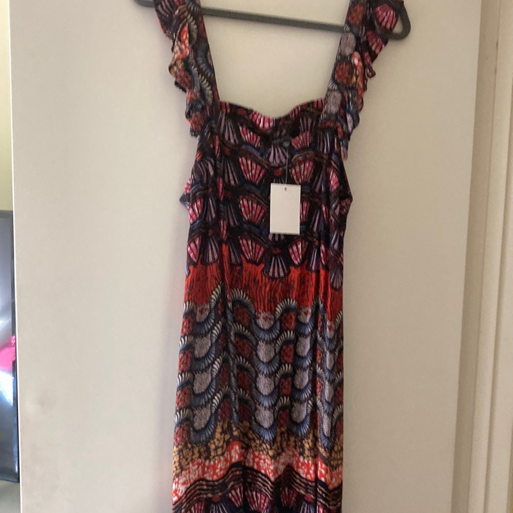 Greater good long bohemian print ruffled dress adjustable length